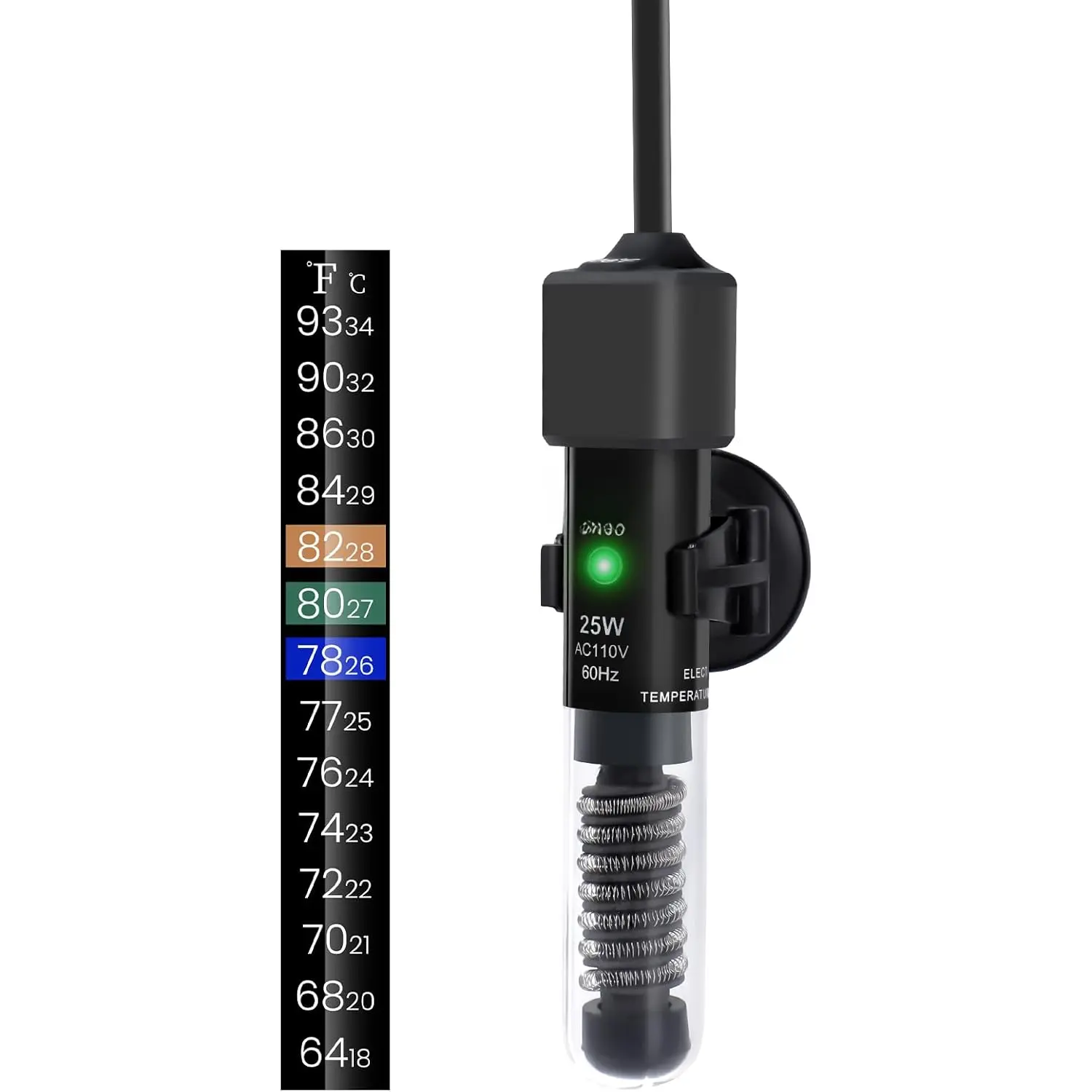 Aquarium Heater, 25W 4.5 Inches Plug-and-Play Mini Thermostatic Heater for Small Tanks & Betta/Tropical Fish, Preset to 78°F, Includes 1x Free Thermometer Strip & 1x Suction Cup