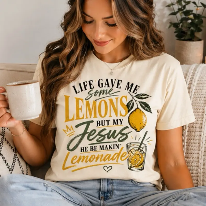 Women's Short-Sleeve Round Neck Christian T-Shirt, "My Jesus Makes Lemonade" Faith-Based Inspirational Lady Top, Life Gave Me Lemons Design 1-Piece Apparel