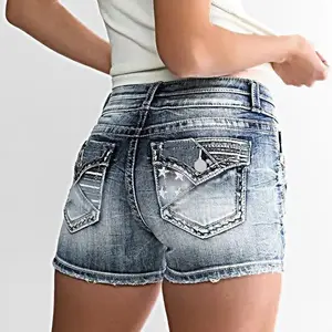 Women's Mid-Rise Washed Denim Shorts, Double-Button Waistband, Star Embroidery, Back Pocket - Casual Style Hot Pants