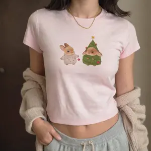 Christmas Bunnies Baby Tee Cute Holiday Shirt Cute Aesthetic Women's Tee Coquette Clothing Y2k Vintage Retro Top Trending 90s Tee