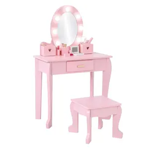 Garvee Children's Vanity Set with Illuminated Mirror, Wooden Table and Chair, Stool, and Play Set in Pink - Complete and Stylish