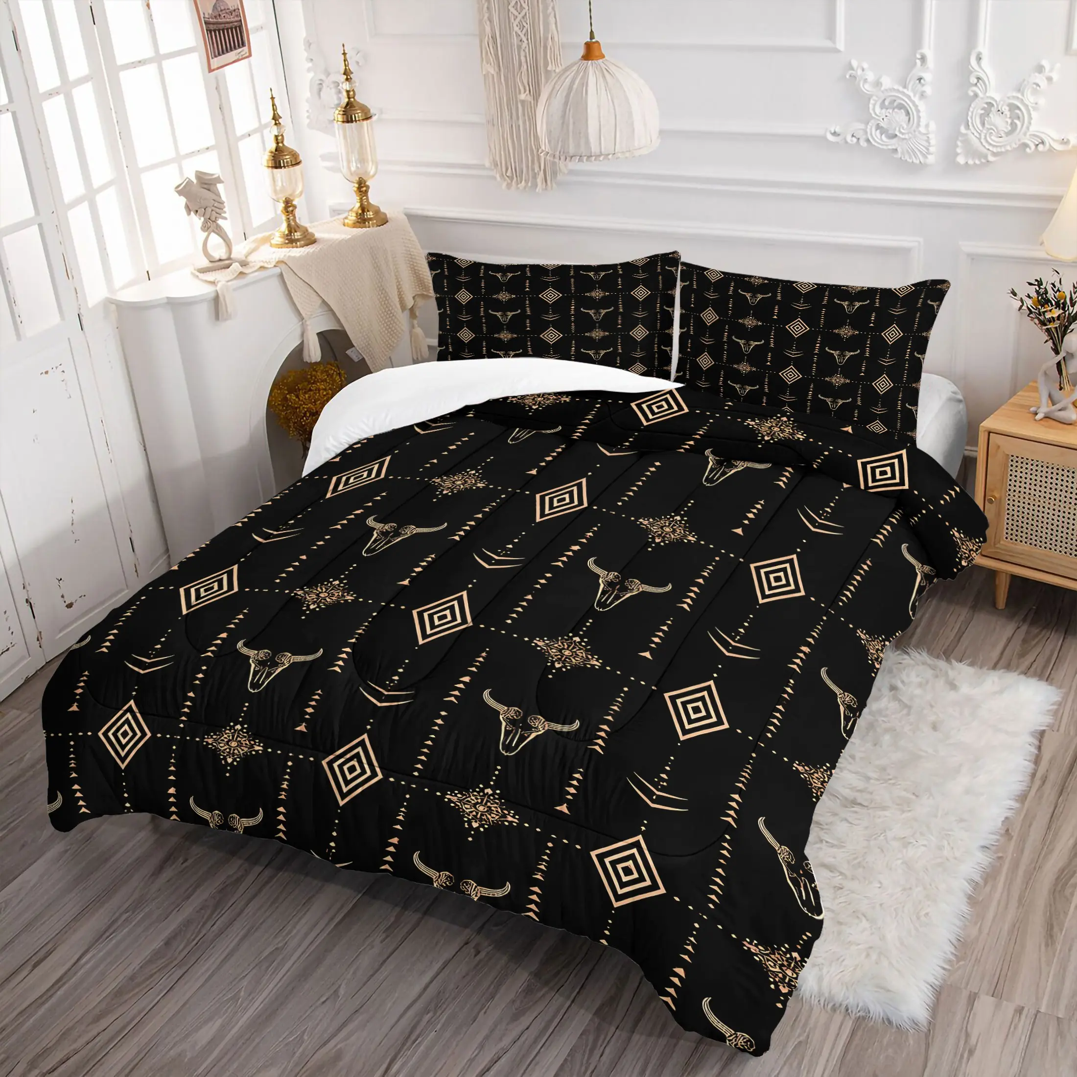 2/3pcs Bull Skull Comforter Set Full Boho Quilt Set Bedding Ethnic Horns Bedding Comforter Sets Black Brown Tribal Symbol Mysterious Aztec Room Decor Abstract Geometric Duvet Insert for Men Boys Theme Bedding Set