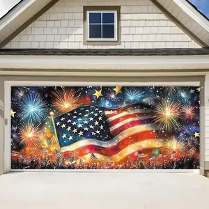 7x16FT Large Patriotic Garage Door Banner, Outdoor Garage Door Cover with Flag & Fireworks, Great Garage Decoration for Parties Home Decor