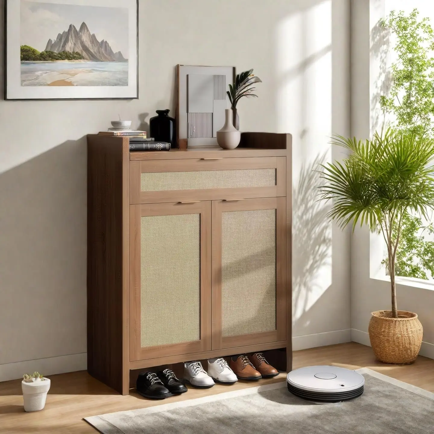 Garvee Rattan Shoe Organizer Cabinet, Bohemian Storage Furniture with Drawer, 41" High Wooden Cabinet with 2 Doors, 6 Levels for Farmhouse Style Home Storage
