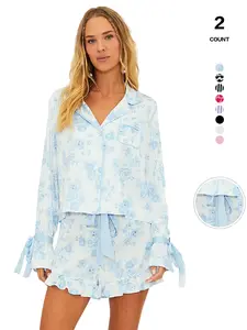 2026 Spring Summer Women's Cropped Button-Down Pajama Set - Multi-Pattern Options, Skin-Friendly & Breathable Fabric, Long Sleeve Top & Ruffle Shorts, Cute 2-Piece Loungewear