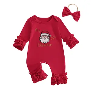 Newborn Girl Ruffle Christmas Jumpsuits Infant Baby Santa Romper Long Sleeve Reindeer Playsuit