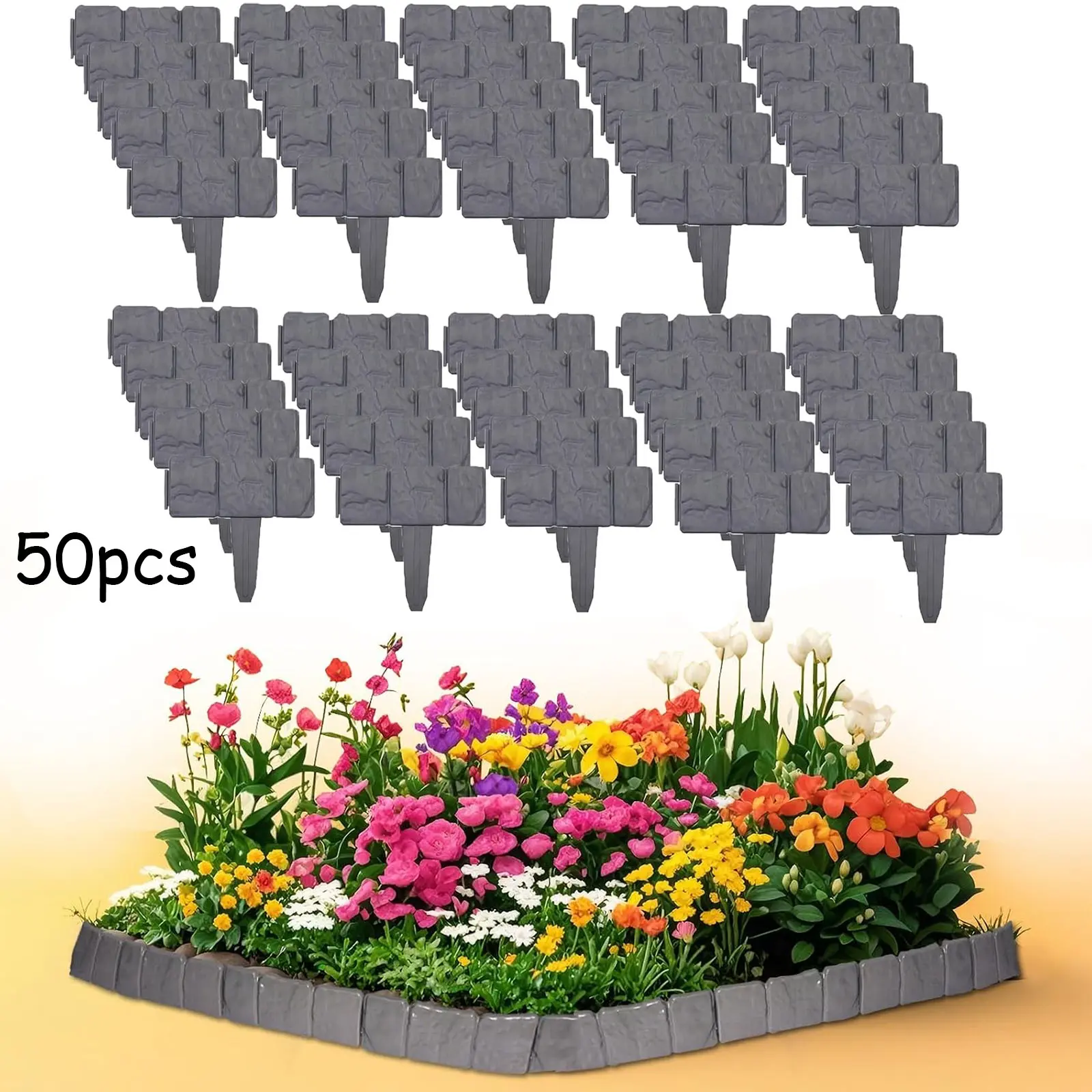 50Pcs Landscape Garden Edging Border No-Dig Flower Bed Border Plastic Stone-Like Textured for Fence Decorative Lawn Plastic Fencing Flexible for Patio Yard Pathway Grey