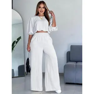 Women's Fashion Set, Short Sleeve Top & Wide Leg Pants, Casual Four Seasons, New Style Women's Clothing Collection