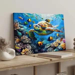1 Count wood frame canvas, deep sea turtle fish school pattern, Marine ecology poster, stylish family poster, exquisite bedroom mural, modern art decoration, suitable for corridor wall decoration, ideal gift, waterproof, printing, Oil Painting Print