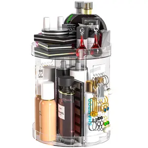 360 Rotating Makeup Organizer,2 Layers Acrylic Spinning Skincare Organizer,Cosmetic Display Case With Earring Holder and Perfume Tray, Multi-Function Storage Carousel for Vanity Bathroom Countertop