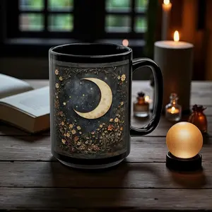 Crescent Moon And Wildflower Mandala Mug Dark Cottagecore Floral Ceramic Cup Witchy & Gothic Botanical Ceramic 15oz 11oz Black