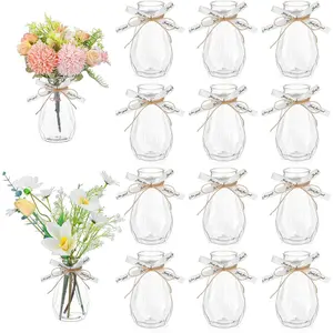 12Pcs Plastic Bud Vases Bulk Small Plastic Vases with Gift Wrapping Ribbon, Clear Container for Flowers Height Shatterproof Bud Vase Wedding Centerpieces for Home Decor, Living Room, Office Decoration