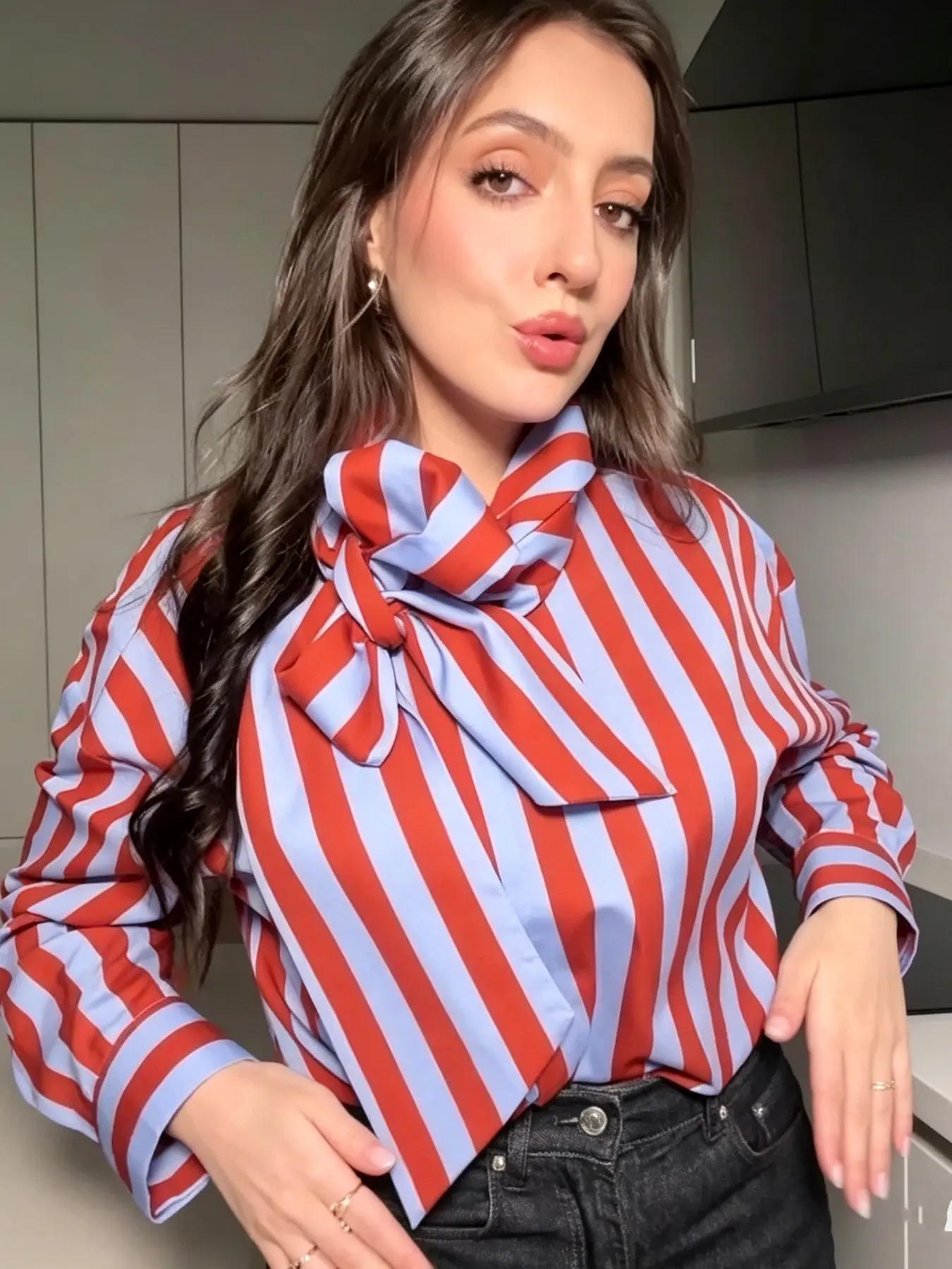 Women's Striped Shirt Blouse Bow Tie Neck Red Blue Long Sleeve Blouse Women Chic Spring Loose Elegant Shirts And Blouses Office Look Social Shirt Womens Tops Casual Daily Button Up Shirts Woman Button Down Blouse