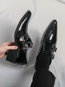 Men's Fashion Business Shoes, High Heel Pointed Toe Formal Dress Shoes, Stylish Buckle Design, Comfortable Office Work Wear, PU Leather Shoes