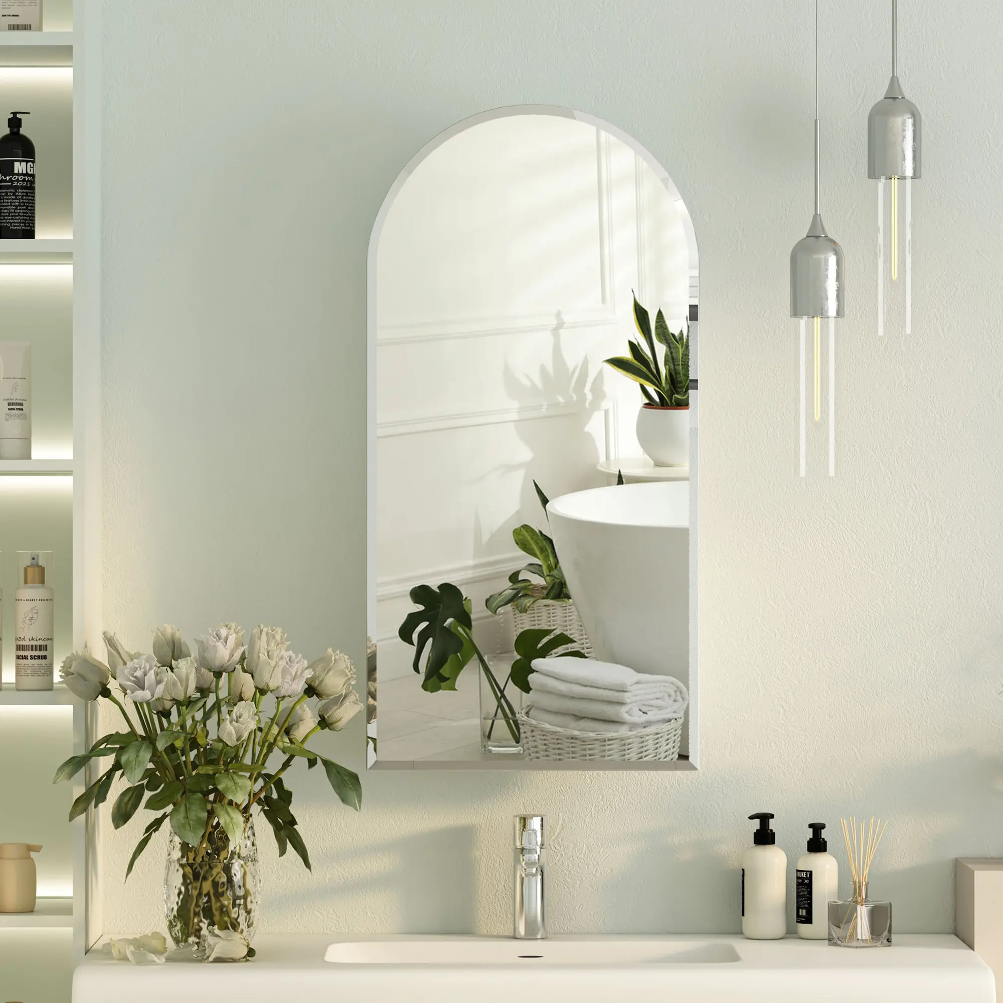 Mepplzian Classic Arch Frameless Beveled Edge Recessed Wall-Mount Bathroom Medicine Cabinet - LED Lights, Eco-Friendly Particleboard Build, Metal Frame, Adjustable Regular Door, 3 Transparent Glass Shelves, 16x31in Space-Saving Indoor Cupboard