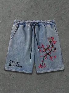Simple Cherry Blossom Print Cotton Shorts, Low-Key Design, Vintage Feel, Casual Daily Wear, Light Trendy Party