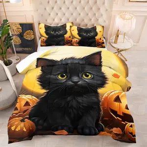 Halloween Cat Pumpkin Pattern Quilt Set, Includes 1 Quilt and 1-2 Pillowcases, Perfect for Halloween Bedroom Decor