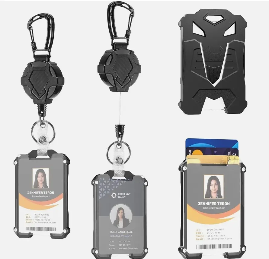 2-Piece Heavy-Duty Retractable Keychain Holder Set with ID Card Sleeve, Sturdy Mountaineering Buckle Badge Reels, Durable EDC Accessory for Work IDs, Household Keys