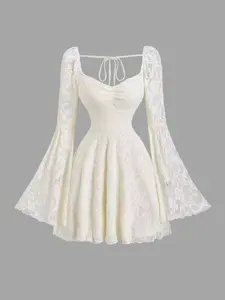 Heart Neckline Lantern Sleeve Fitted Knit Dress, Ruched Bust Design, Elegant One-Piece, Perfect for Special Occasions & Daily Wear