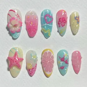 Summer Fresh Fruit Party Nail Art, Detachable Press-On Nails for Girls, Heart Grid Flower Design, Style