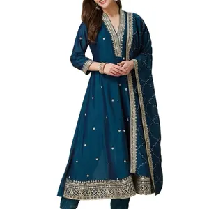 Indian Pakistani Dress Casual Womenswear with Intricate Embroidery and Gold Accents