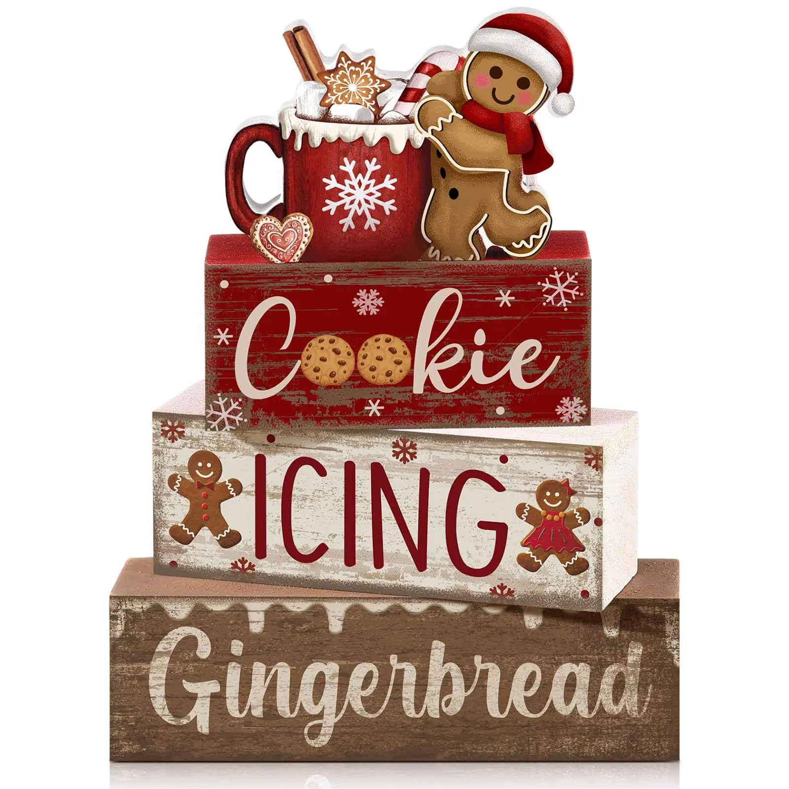 Set of 4 Christmas dining table decorations: wooden gingerbread and cocoa decor, Christmas centerpiece, tiered winter tray decoration, gingerbread man and cocoa block signs, gifts, farmhouse home kitchen Christmas décor