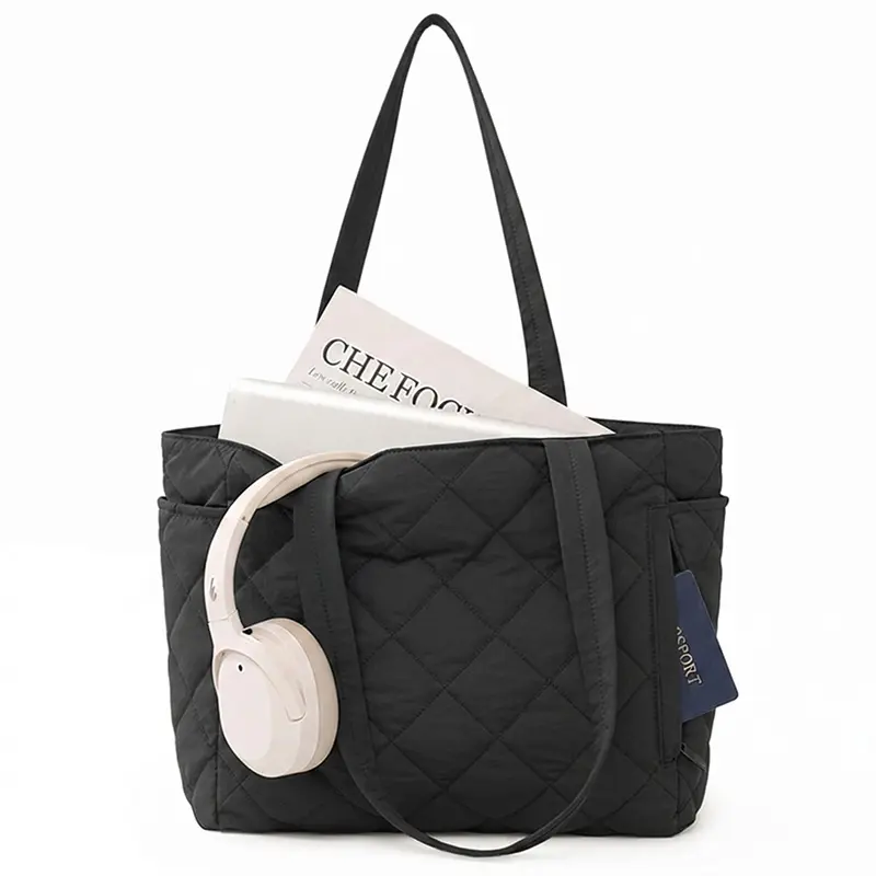 Women's Quilted Puffer Tote Bag - Large Capacity Laptop Shoulder Bag with Zipper for Work, School, and Travel, Tote Bags