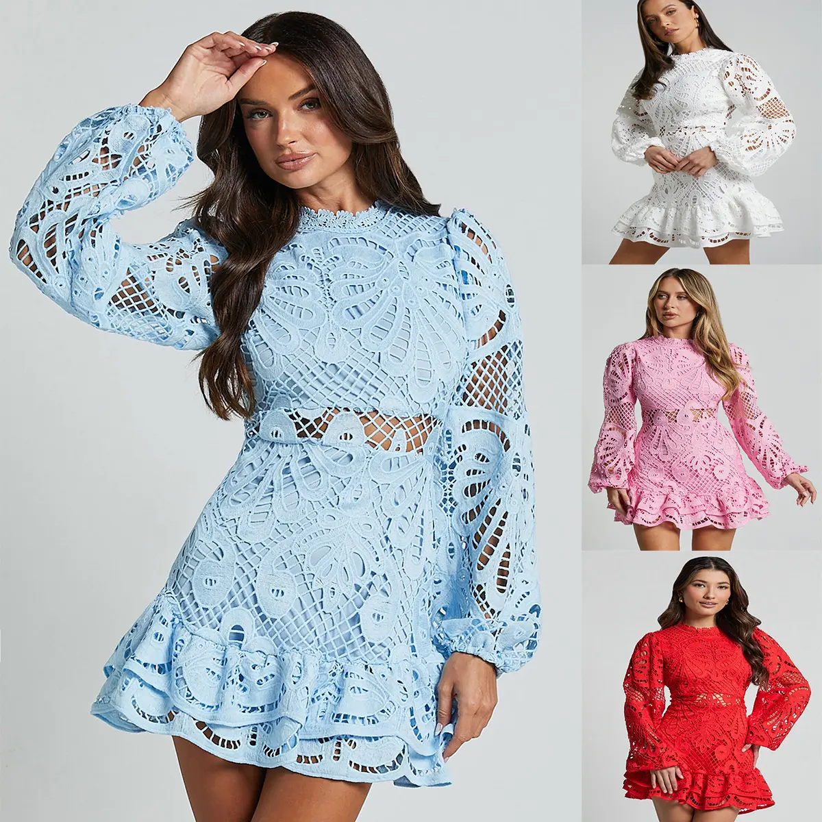 Stand Collar Lantern Long Sleeve Waist-Tight Short Evening Dress A- line Ruffles Hollow Water-Soluble Lace Dress Formal Womenswear sundress vacation dresses beach outfits lightweight dress sunday  dress summer  outfits printed  long  skirt