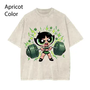 Powerpuff Strong Gym Girl Shirt, Cartoon Deadlift Workout Tee, Girl Power Fitness Graphic T-Shirt, Apricot Vintage Washed Shirt, Y2K Aesthetic Streetwear, Lucky Green Gym Gift Womenswear Top