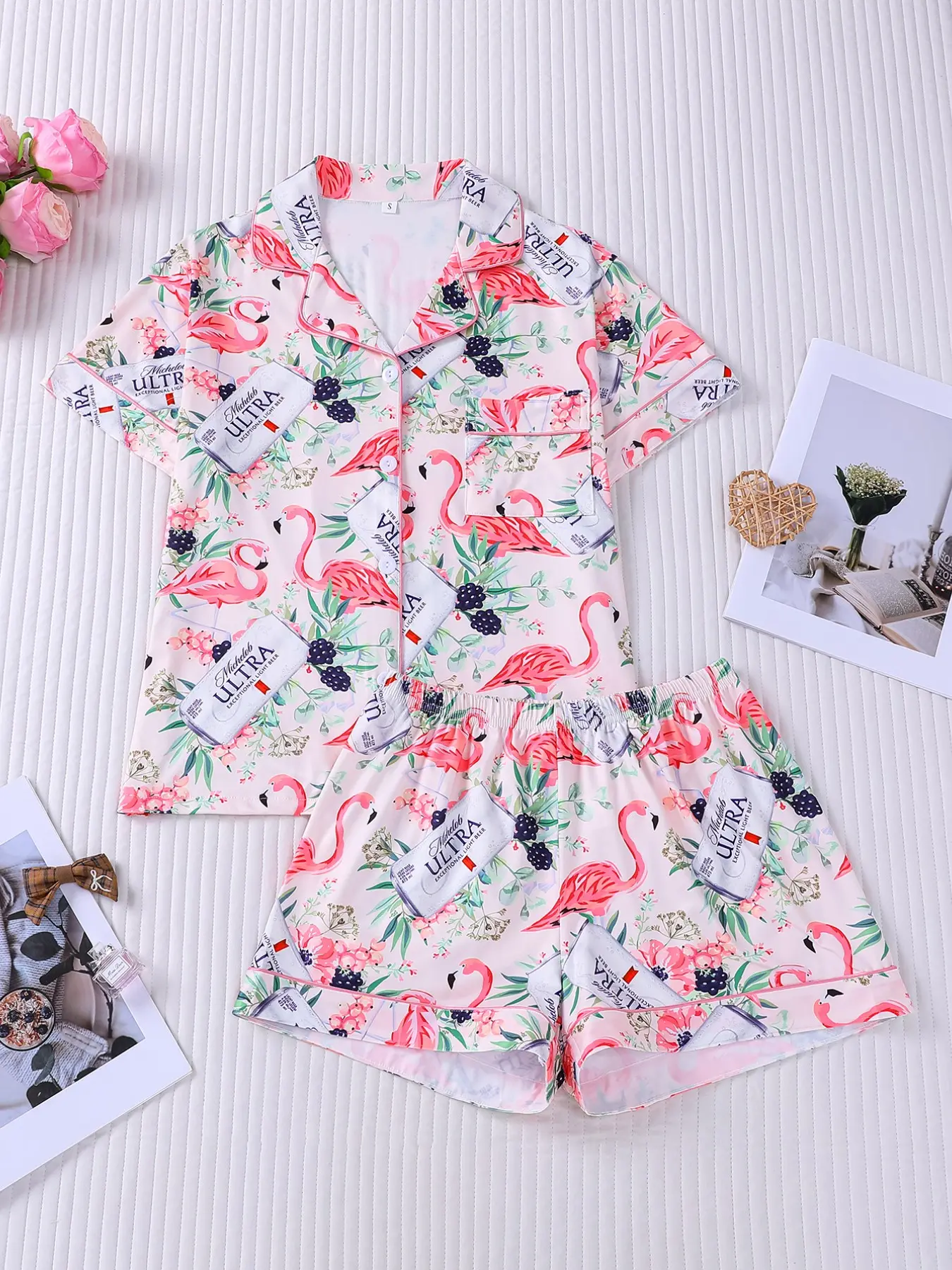 2-Piece Women's Light Pink Flamingo & Beer Bottle Print Pajama Set, Collared Pajamas, Vacation-Style Notch Collar Short Sleeve Top & Elastic Waist Shorts with Pocket, Soft Comfy All-Season Loungewear Sleepwear Homewear Pyjamas Pjs