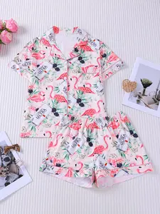 2-Piece Women's Light Pink Flamingo & Beer Bottle Print Pajama Set, Aesthetic Sweet Vacation-Style Notch Collar Short Sleeve Top & Elastic Waist Shorts with Pocket, Soft Comfy All-Season Loungewear Sleepwear