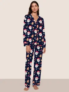 Cute Santa Claus Gingerbread Man Print Long Sleeve Pajama Set, Women's Fall Winter Comfortable Homewear, Christmas Theme Two-Piece Sleepwear