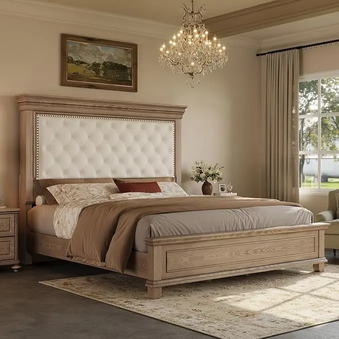 【Ships in 2 Boxes】[SummerSale] AMERLIFE Solid Wood Bed Frame with 68" High Headboard, Chenille Upholstered Bed with Nailhead Trim/Button Tufted/No Box Spring Needed, Unique Bedroom Furniture- Ships in 2 Boxes