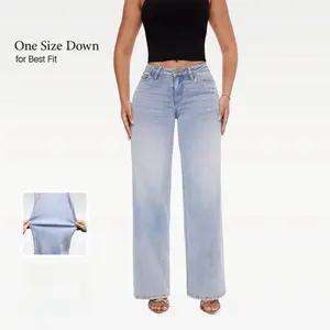 Women’s mid-low rise baggy jeans, stretchy wide leg, distressed finish, light blue/dark blue; basic minimalist comfortable denim with tummy control and curve-hugging fit; available in plus sizes and regular sizes; BBL (Before Big Belly).