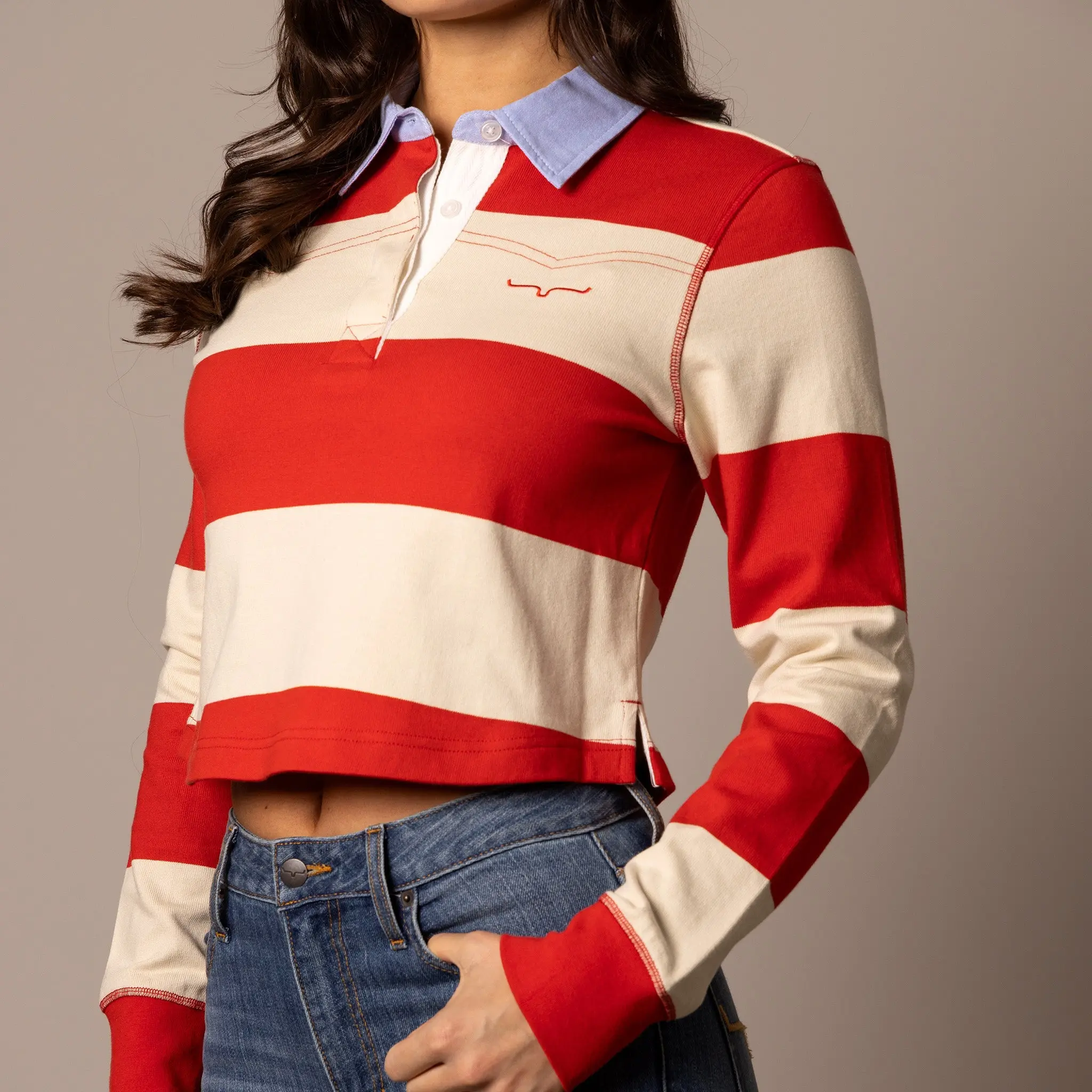 Jamila Crop Polo Shirt by Kimes Ranch in Red Stripes