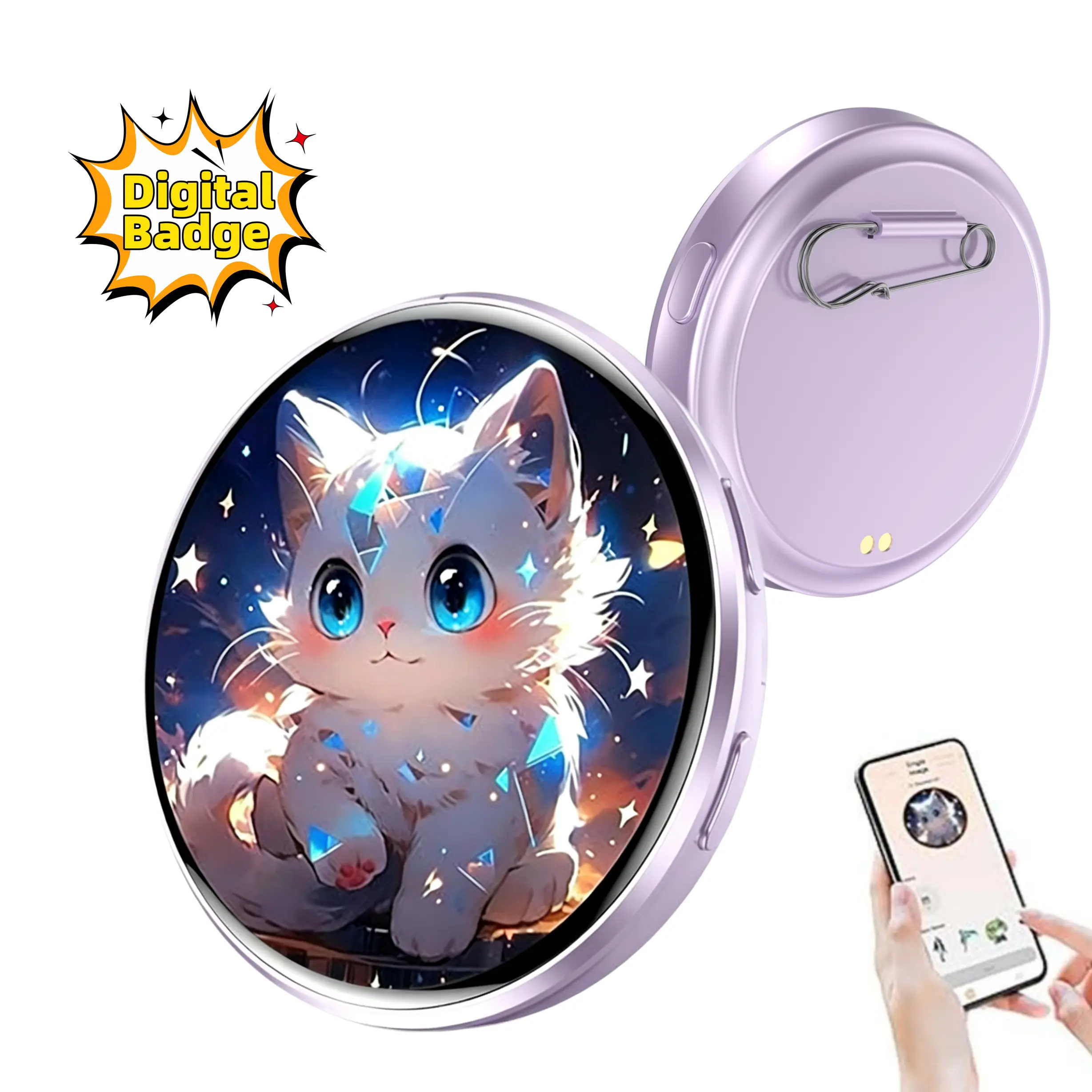 Cyber Electronic Badge,1.7" HD Touch Screen Photo & GIF/Video Display 600mAh Large Battery Long Life Connect via App Customize Content for Backpack Clothing Decoration