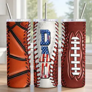 All Sports Dad Tumbler 20oz - 18/8 Food-Grade Stainless Steel Insulated Cup with Lid, Metal Straw & Brush - Baseball Basketball Football Patriotic DAD Design - Father's Day Gift - Ships in 2 Days
