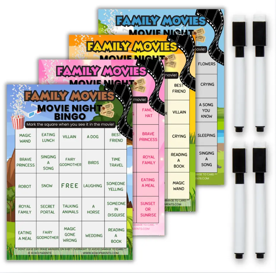 XOXO Parents Family Movie Night Bingo Cards | 4 Reusable Cards with Dry-Erase Markers | Family Movie Night Game for Kids & Adults, Fun Family Game Night Idea, Movie Lover Gift for Parties