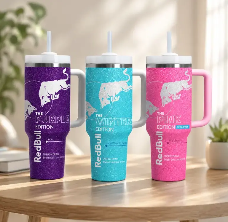 [Glitter Energy Drink Style] Pink Blue White 40oz Tumbler with Handle & Straw, Sparkle Stainless Steel Insulated Travel Cup, Colorful Beverage Inspired Drinkware Gift for Energy Drink Fans