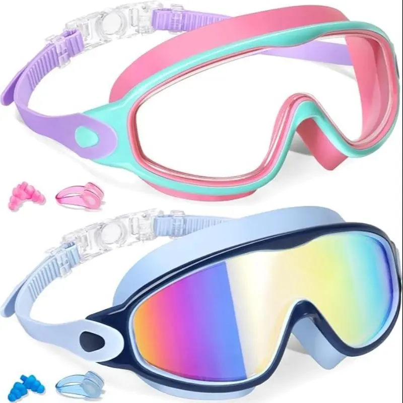 New Kids Wide View Swimming Goggles Set, Kid Goggles For Swimming, Water Goggles, Outdoor Swimming Goggles, Anti-Fog UV Protection Leakproof, Ear Plugs Included, Ages 3-14, Plastic Frame, Swim Glasses
