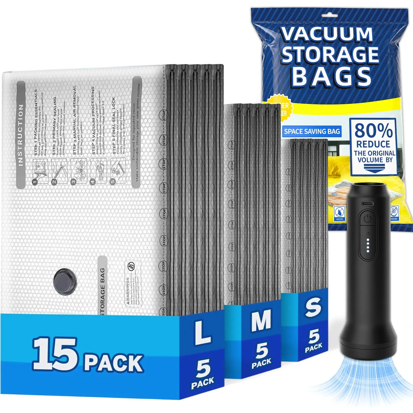 Vacuum Storage Bags with Cordless Electric Pump 15 Pack Space Saving Compression Sealer Bags for Clothing Comforters Travel Storage