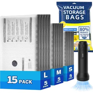 Vacuum Storage Bags with Cordless Electric Pump 15 Pack Space Saving Compression Sealer Bags for Clothing Comforters Travel Storage
