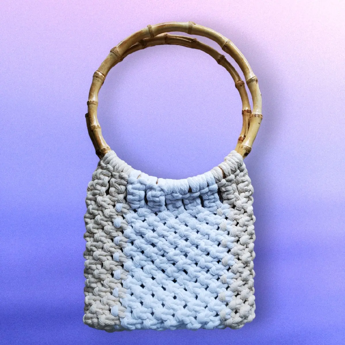 Handmade Macrame Purse, White & Cream Cotton, 7x8x1, 9 in Faux Bamboo Handles