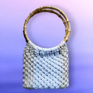 Handmade Macrame Purse, White & Cream Cotton, 7x8x1, 9 in Faux Bamboo Handles