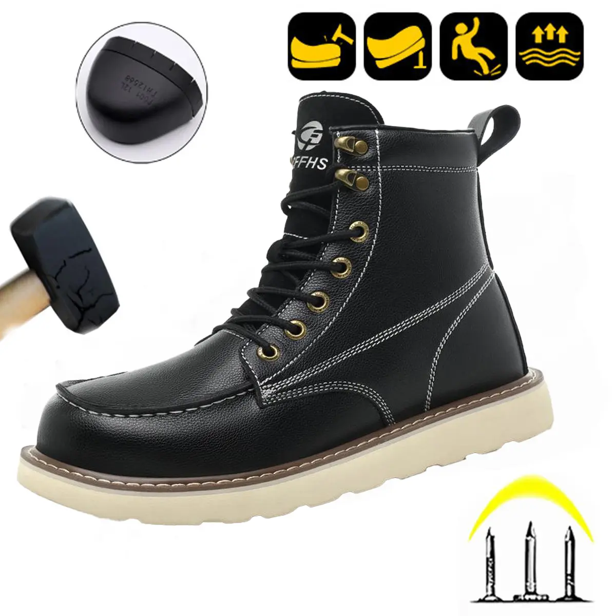 Men's Steel Toe Work Shoes, Breathable Low Top Slip-On Safety Sneakers with Striped Fabric Upper, Lightweight and Anti-Slip, Steel Toe Shoe, Round Toe