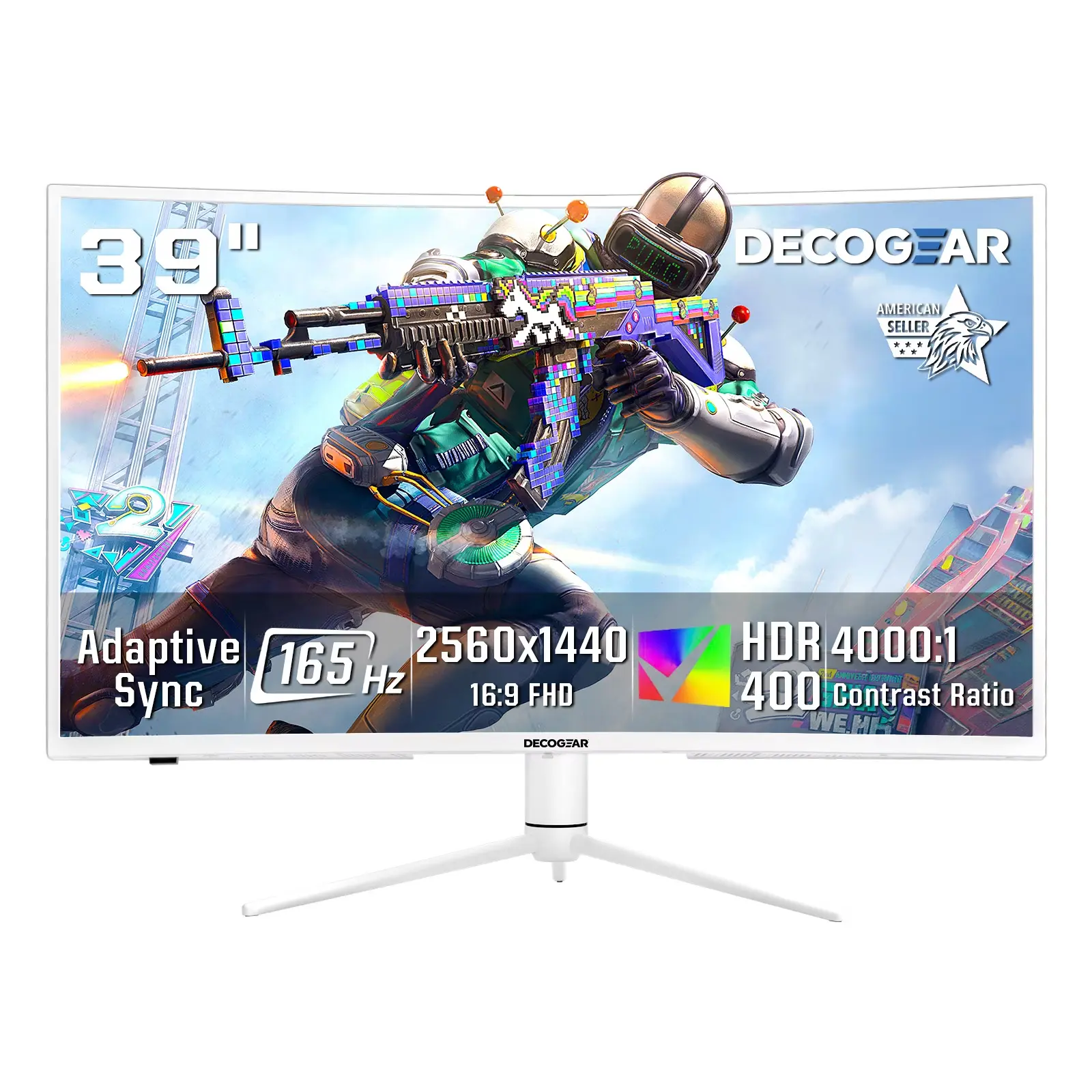 39" White Curved Gaming Monitor, QHD 2560x1440, 165Hz, HDR400, Ultrawide, Adaptive Sync, HDMI 2.0, DP 1.4, White Edition