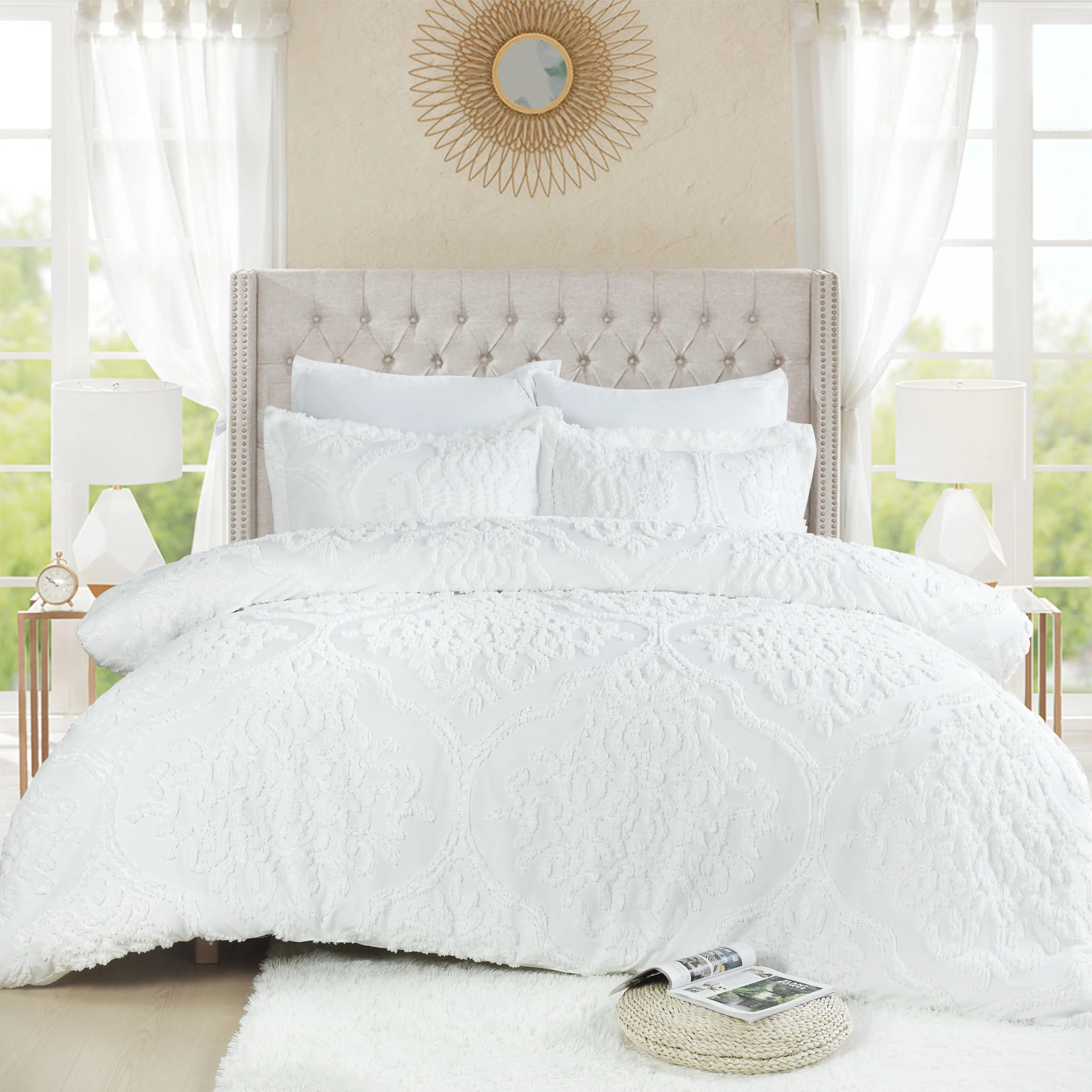 HIG Boho Modern Tufted Bed in a Bag 7 Pieces Vintage Damask Comforter Set new comforter