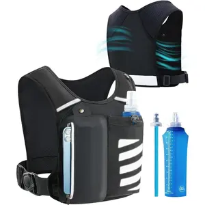 Reflective Running Vest - Water Bottle & Phone Holder, Lightweight Hydration Chest Bag - For Marathon/Trail Running, Men/Women - Black