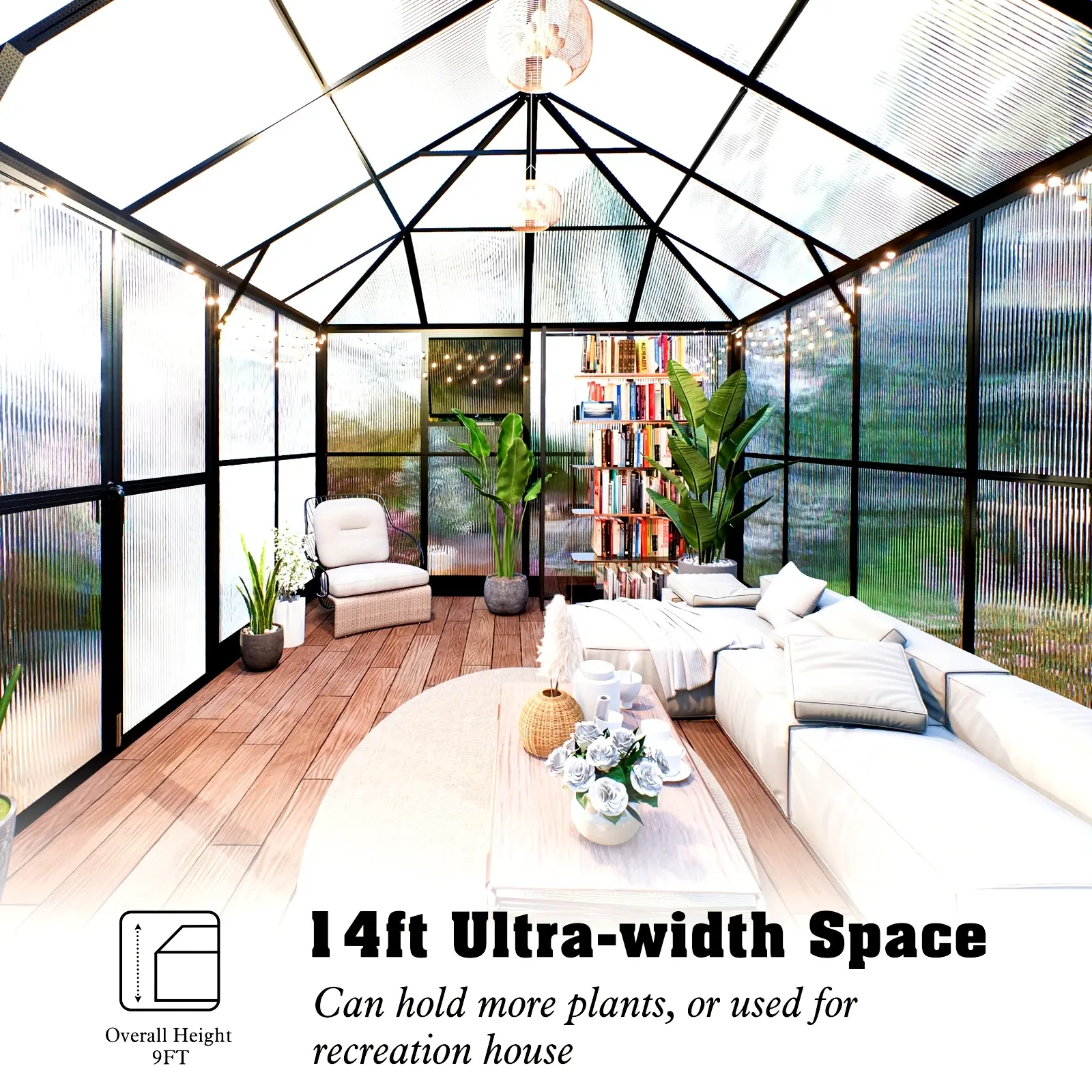Outdoor 14x9.5x9ft Polycarbonate Greenhouse with 6ft Added Wall Height, Double Swing Doors, And 2 Vents, Walk-In Winter Sunroom Greenhouse with Aluminum Frame In Black