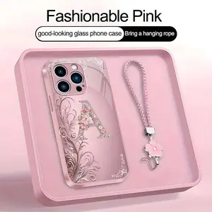 Suitable for [iPhone 15 Pro] high-end women's phone case🤩，a beautiful four-leaf clover lanyard is included🍀，Exquisite floral print, non-3D rhinestones, 26 letters to choose from YM99